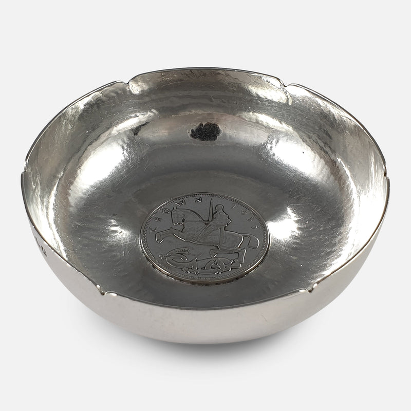 the hammered silver bowl from a raised point of view