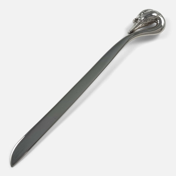 the Sarah Jones sterling silver 'Swan' Letter Opener viewed diagonally