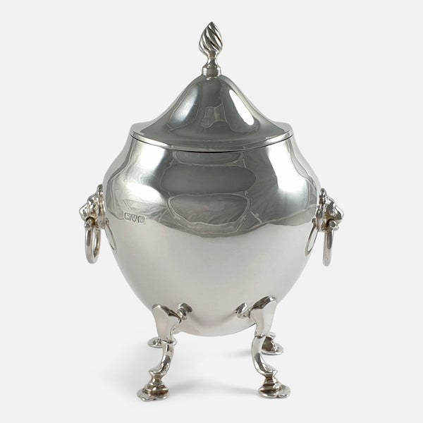the sterling silver tea caddy viewed from the front