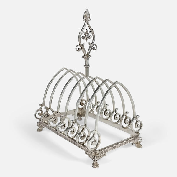 The antique American Tiffany & Co silver toast rack viewed at an angle