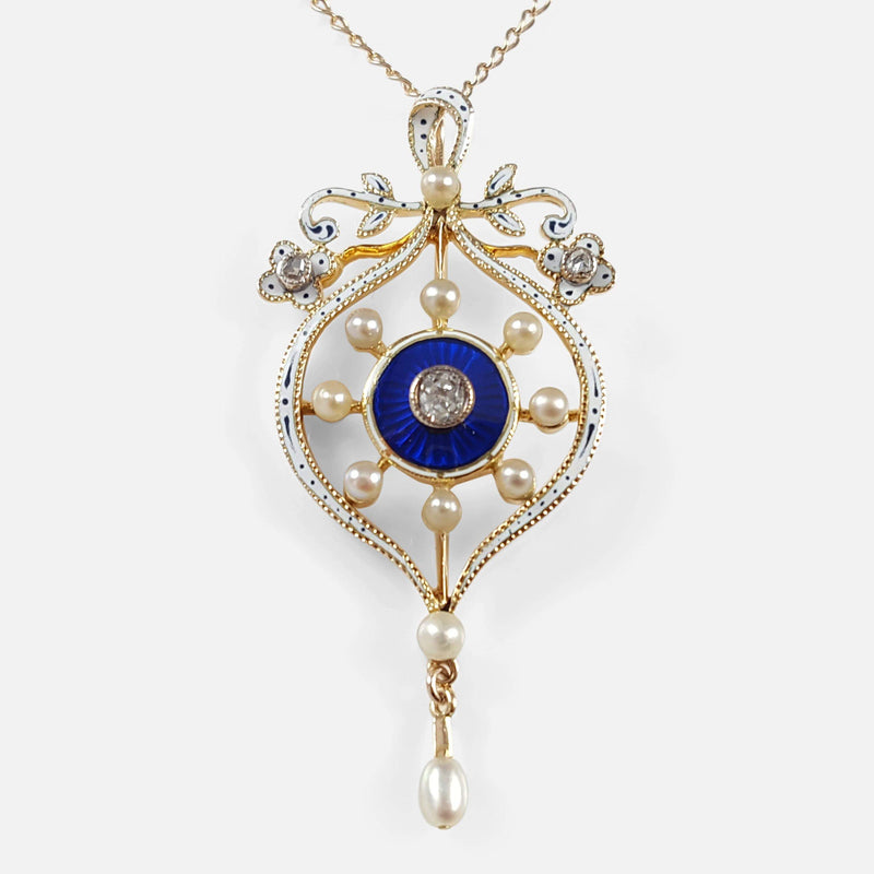 Victorian 15ct Gold, Enameled, Pearl, and Diamond Pendant viewed from the front