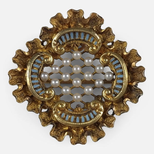 the Victorian 18 carat gold seed pearl and enamel pendant brooch viewed from above