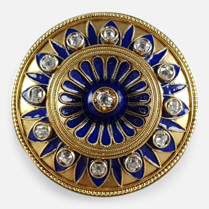 the Victorian 18ct Gold Diamond and Enamel Target Brooch viewed from the front