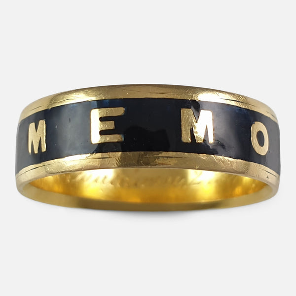 the Victorian 18ct gold and enamel memorial ring viewed from the front