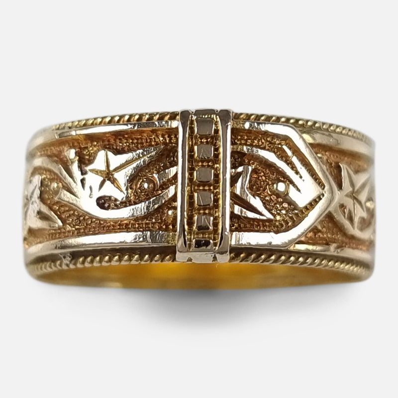 the Victorian 18 carat yellow gold foliate engraved ring viewed from above