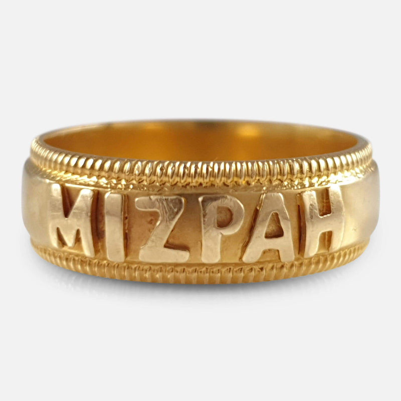 the Victorian 18ct gold Mizpah ring viewed from the front