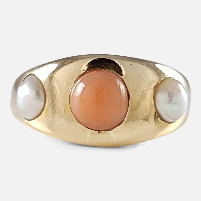 the Victorian 18ct Yellow Gold Coral and Pearl Ring viewed from the front