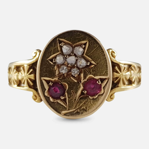 the Victorian 18ct gold Forget Me Not ring viewed from the front
