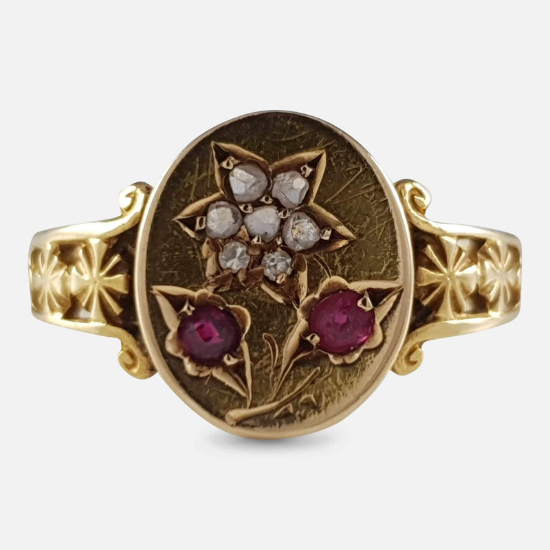 the Victorian 18ct gold Forget Me Not ring viewed from the front