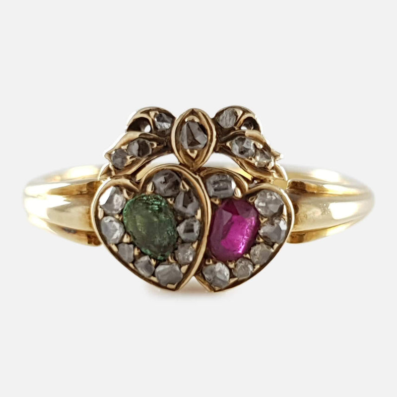 the Victorian 18ct gold emerald ruby and diamond conjoined hearts ring viewed from the front