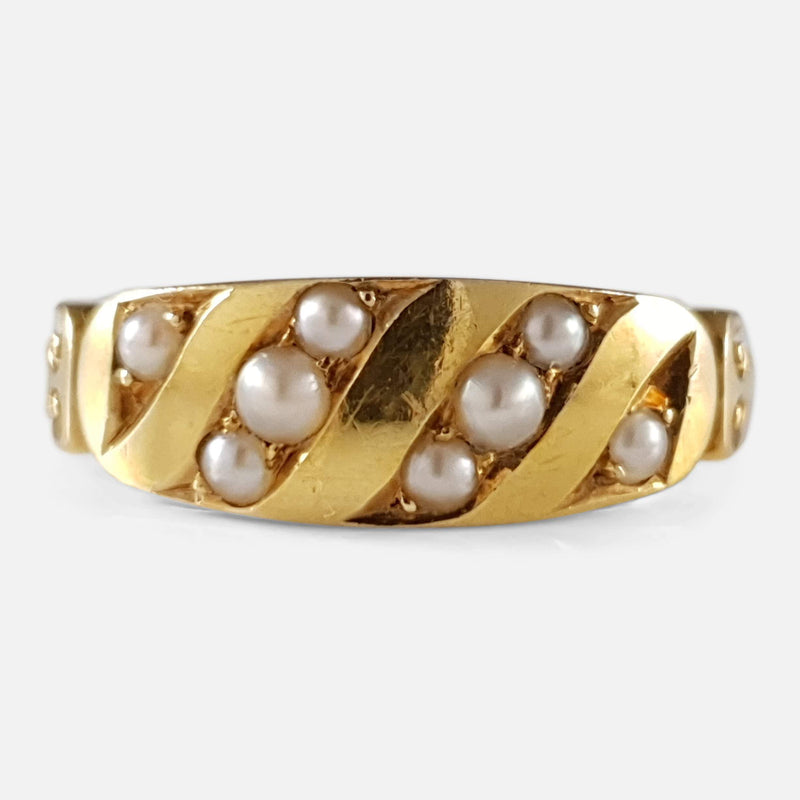 the Victorian 18ct gold seed pearl ring viewed from the front