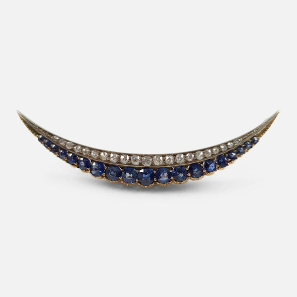 Victorian diamond and sapphire crescent brooch from the front