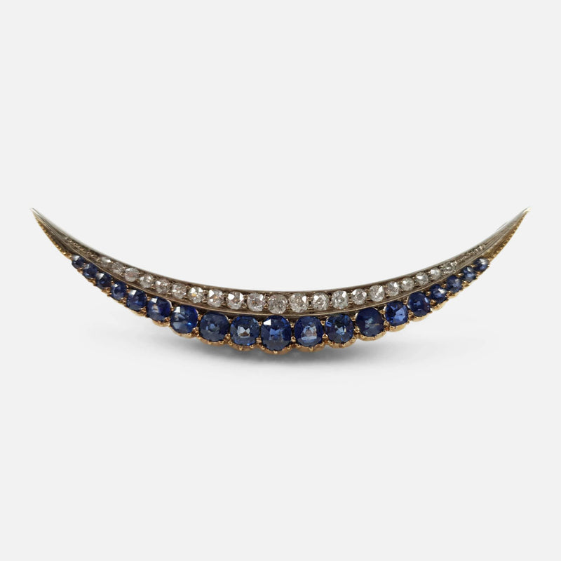 Victorian diamond and sapphire crescent brooch from the front