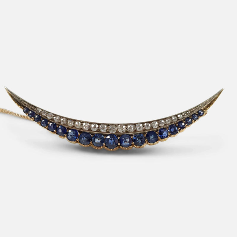 Victorian diamond and sapphire crescent brooch from the front