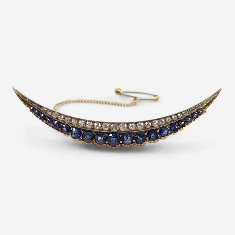 Victorian diamond and sapphire crescent brooch from the front