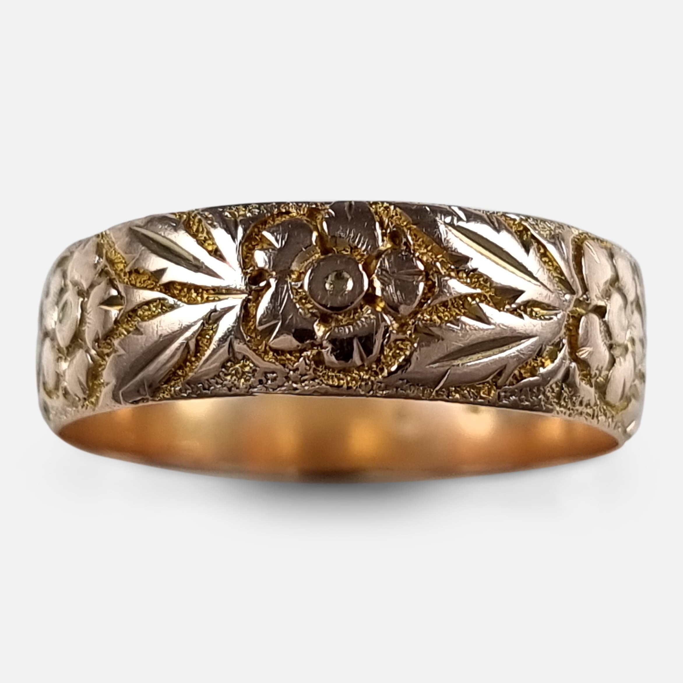 Victorian 9ct Rose Gold Foliate Engraved Keeper Ring 1896