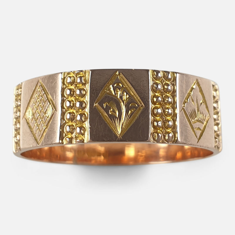 the Victorian 9ct rose gold engraved Keeper ring viewed from above
