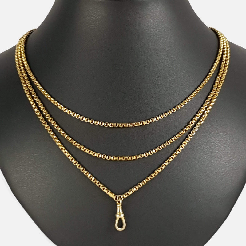the Victorian 9ct yellow gold guard chain viewed on the bust