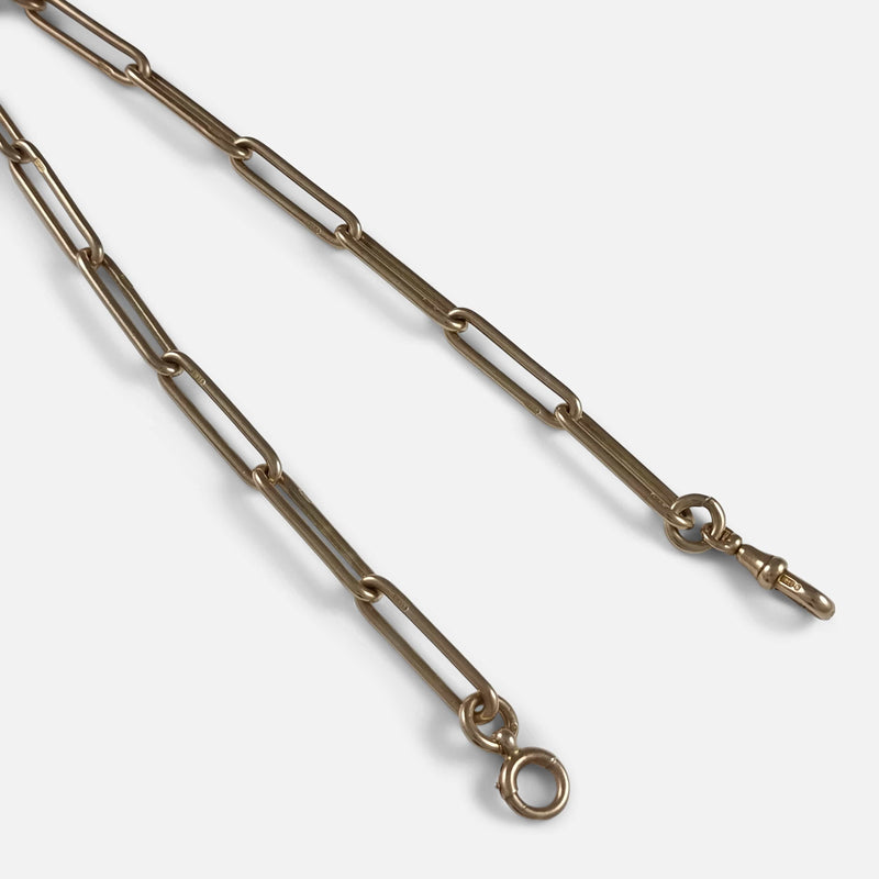 a section of the chain in focus to include the dog clip and roll pin clasp