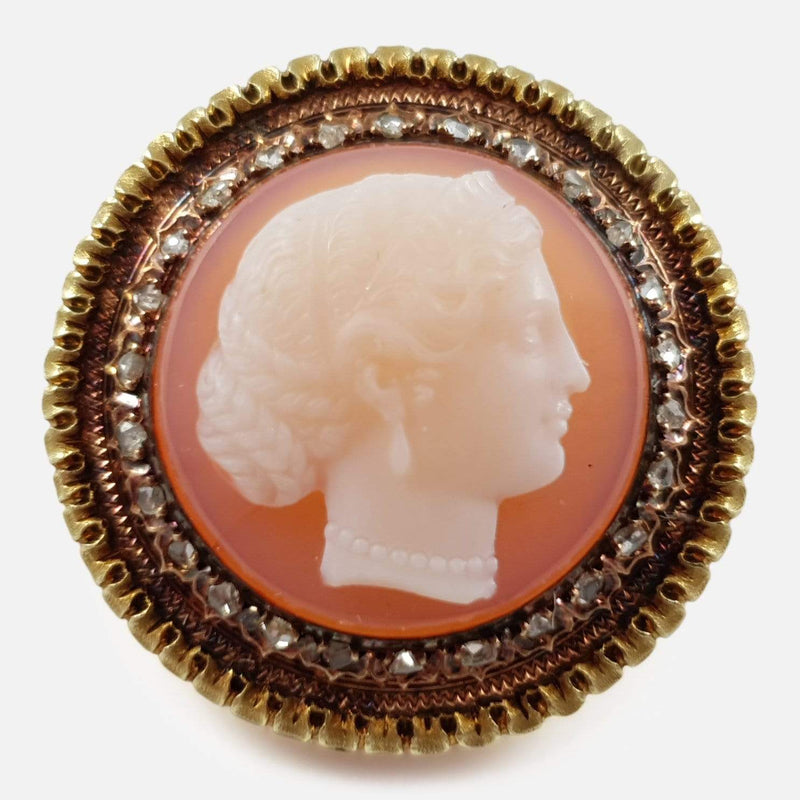 the Victorian hardstone gold and diamond cameo brooch viewed from the front