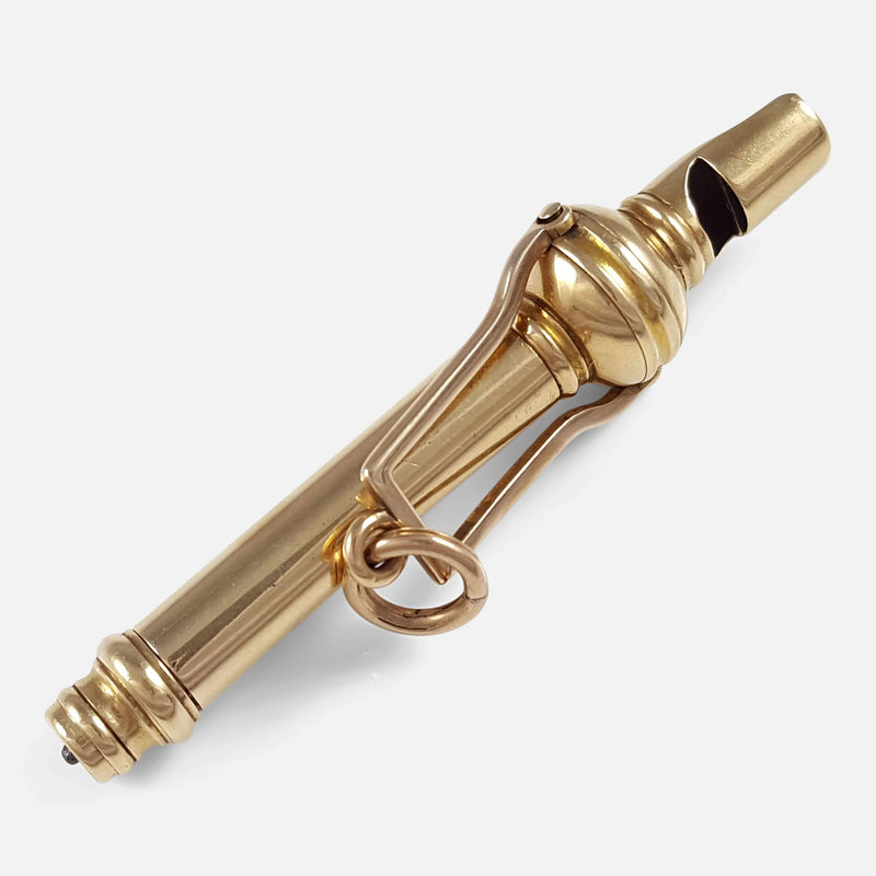 The Sampson Mordan Gold Propelling Pencil & Whistle viewed diagonally 