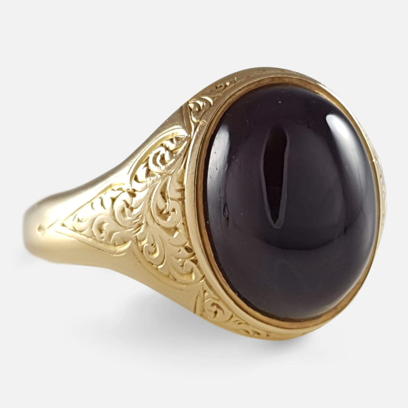 Victorian Scroll Engraved Gold Garnet Cabochon Ring - Argentum Antiques & Collectables