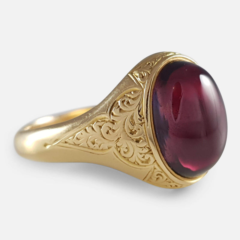 Victorian Scroll Engraved Gold Garnet Cabochon Ring - Argentum Antiques & Collectables