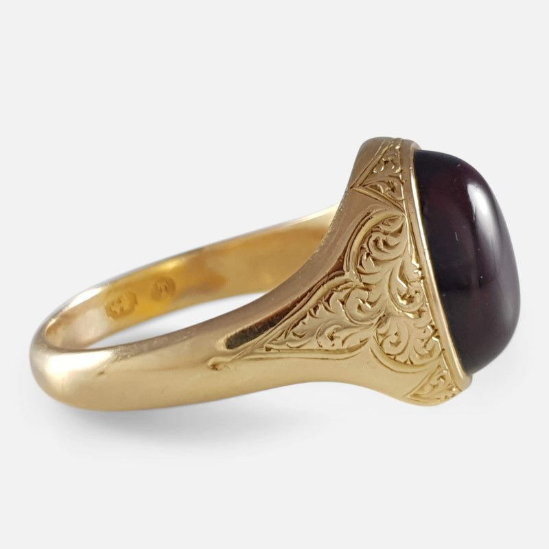 Victorian Scroll Engraved Gold Garnet Cabochon Ring - Argentum Antiques & Collectables