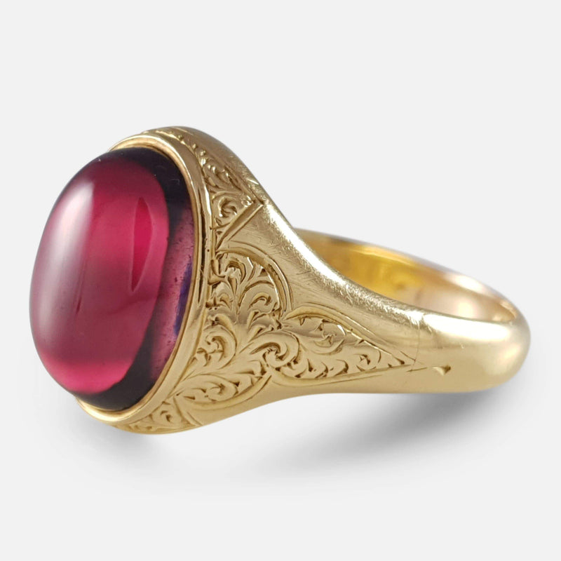 Victorian Scroll Engraved Gold Garnet Cabochon Ring - Argentum Antiques & Collectables