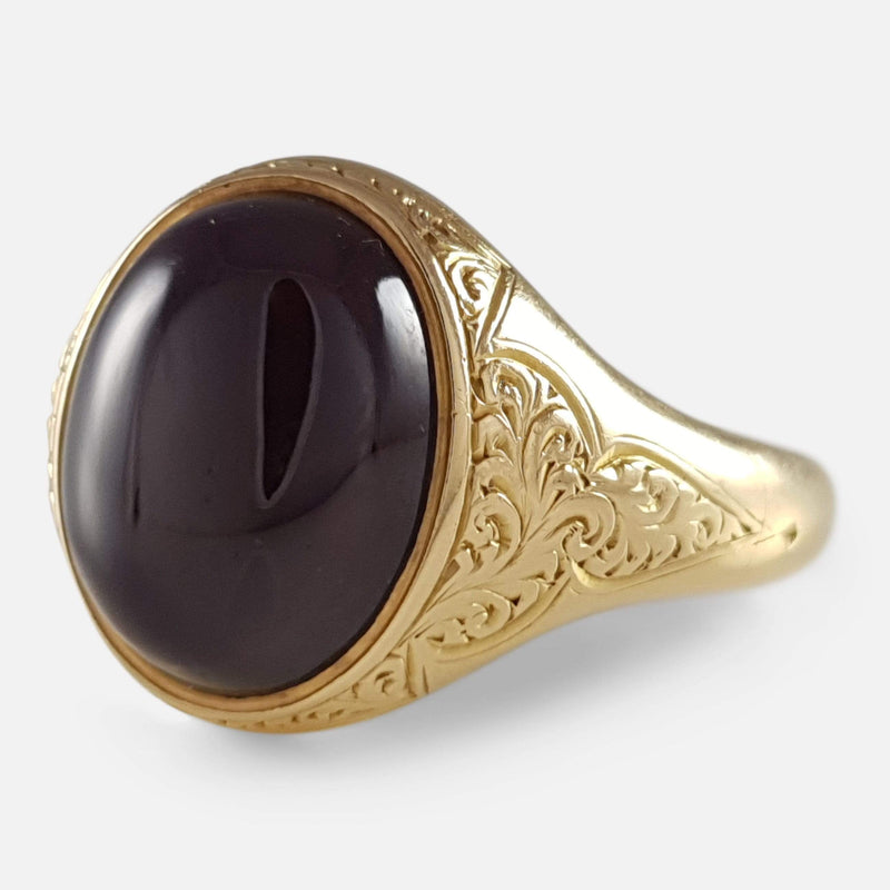 Victorian Scroll Engraved Gold Garnet Cabochon Ring - Argentum Antiques & Collectables