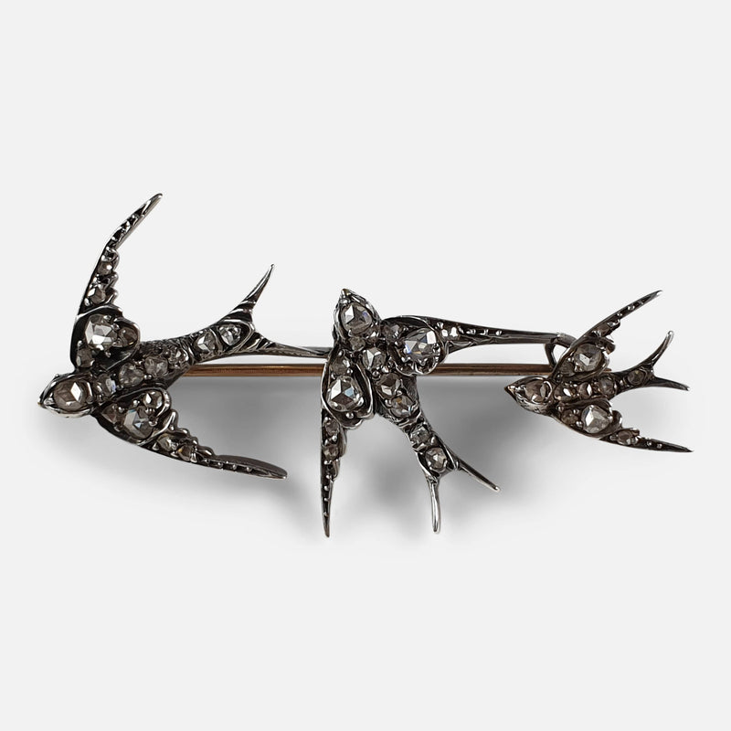the antique silver and diamond swallow brooch viewed from the front