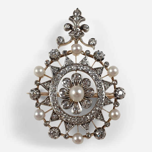 Victorian diamond and pearl pendant brooch viewed from the front