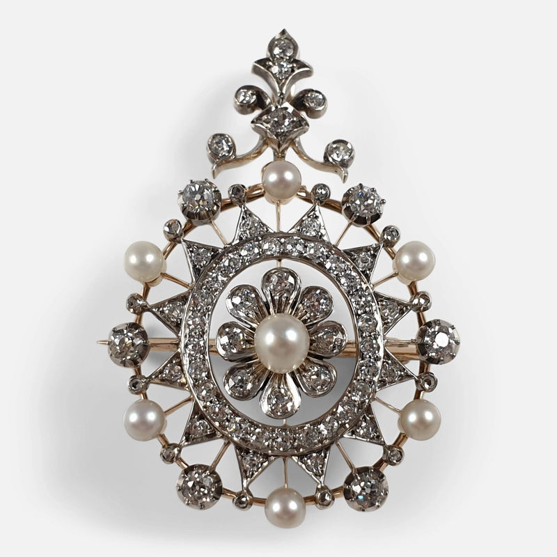 Victorian diamond and pearl pendant brooch viewed from the front