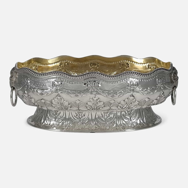 the antique Victorian sterling silver twin handled bowl by Elkington & Co viewed from the front