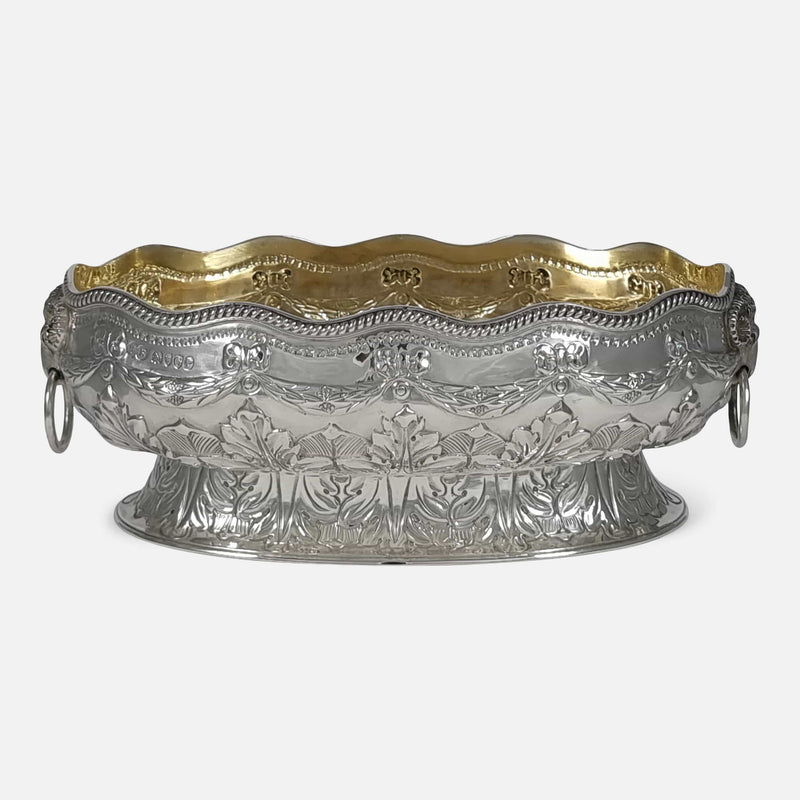 the antique Victorian sterling silver twin handled bowl by Elkington & Co viewed from the front