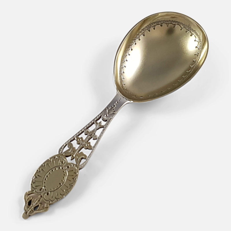 The Victorian silver tea caddy spoon viewed diagonally