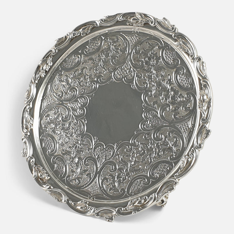 the Scottish Victorian sterling silver salver viewed at a slight angle